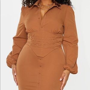 Plus Chocolate Brown Corset Detail Puff Sleeve Dress